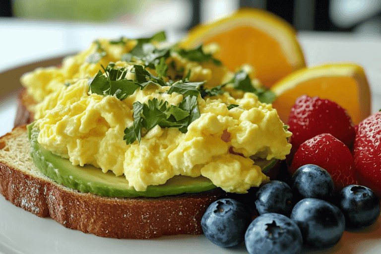 Avocado toast breakfast with poached eggs and cherry tomatoes on a white plate