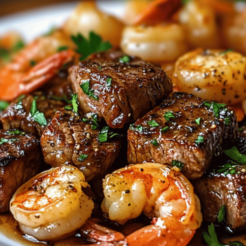 Garlic Butter Steak Bites and Shrimp