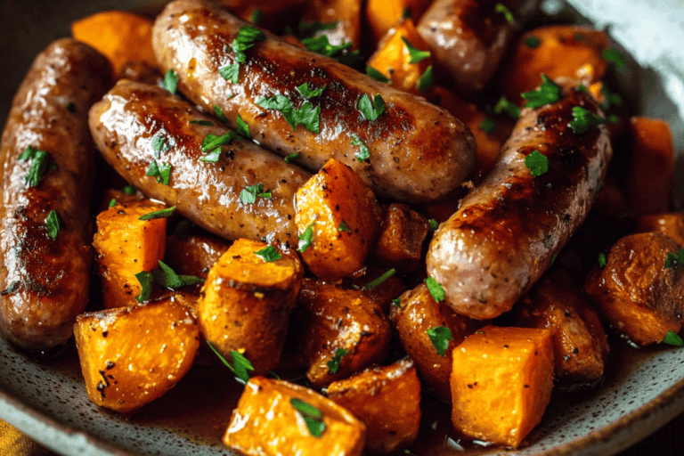 Honey glazed sausages with roasted sweet potatoes on a white plate