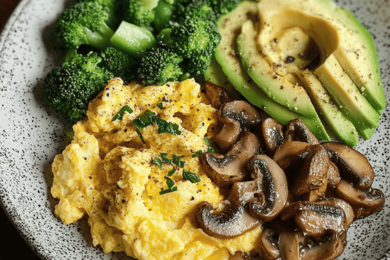Scrambled eggs with sautéed mushrooms, broccoli, and avocado served on a white plate. A healthy breakfast recipe rich in nutrients.