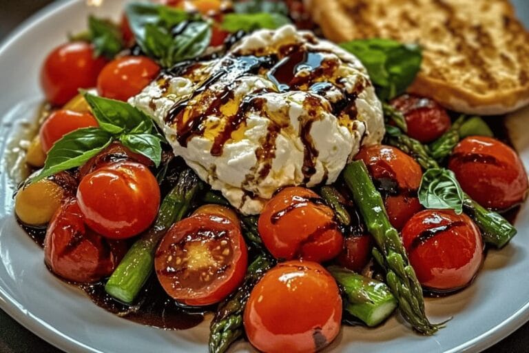 Asparagus and tomato salad topped with creamy burrata cheese and fresh basil, drizzled with balsamic glaze.