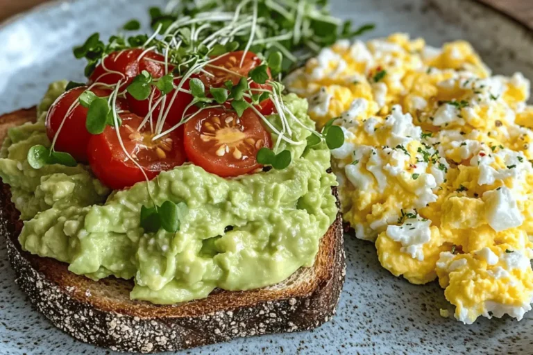 Avocado toast topped with cherry tomatoes and cottage cheese, served with scrambled eggs on a plate.