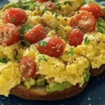 Crispy toast topped with mashed avocado, fluffy scrambled eggs, cherry tomatoes, and red onion.