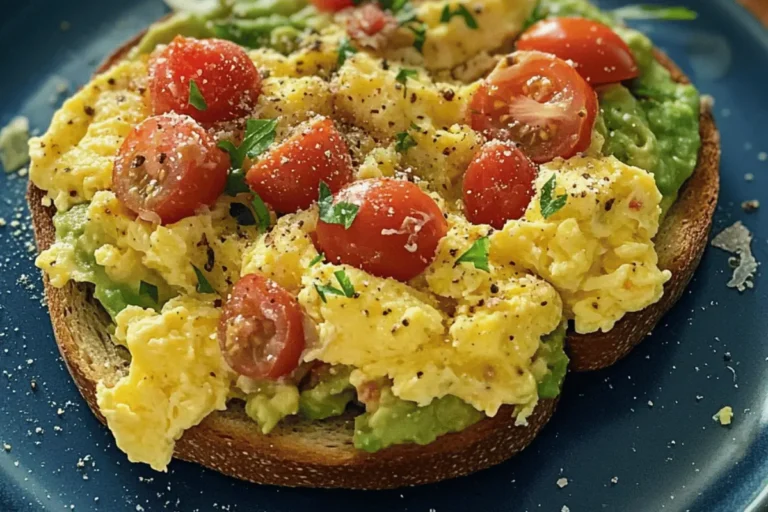 Crispy toast topped with mashed avocado, fluffy scrambled eggs, cherry tomatoes, and red onion.