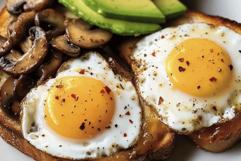 Sautéed mushrooms, fried eggs, and avocado on toasted bread.