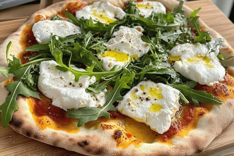 Burrata and arugula pizza topped with fresh burrata cheese and green arugula leaves, drizzled with olive oil.