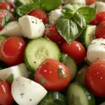 A fresh Caprese Cucumber Salad with cherry tomatoes, cucumber slices, mozzarella balls, and basil, dressed with olive oil and herbs.