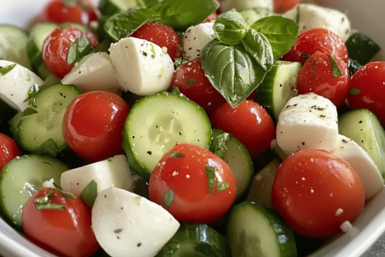 A fresh Caprese Cucumber Salad with cherry tomatoes, cucumber slices, mozzarella balls, and basil, dressed with olive oil and herbs.