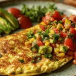 Cheesy omelette served with fresh avocado corn salsa and diced tomatoes.