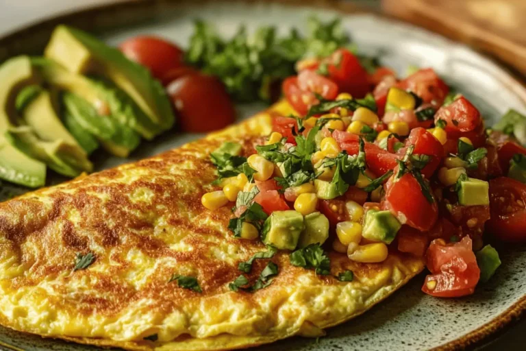 Cheesy omelette served with fresh avocado corn salsa and diced tomatoes.