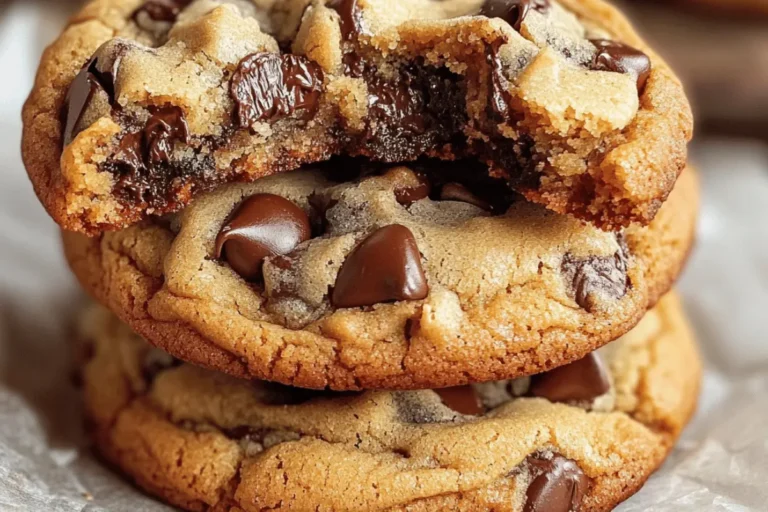 A stack of thick Chocolate Chip Cookies with a gooey, melted chocolate center and crisp golden edges.