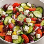 A vibrant bowl of Classic Greek Salad with cucumbers, cherry tomatoes, feta cheese, Kalamata olives, and red onions, drizzled with olive oil and herbs.