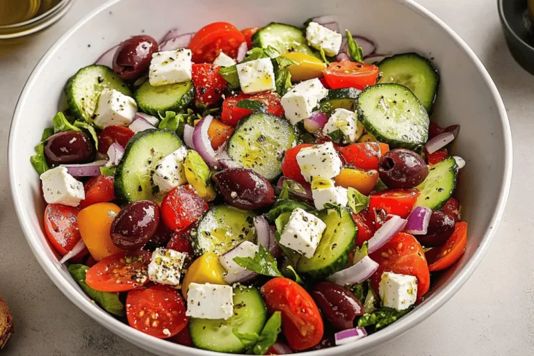 A vibrant bowl of Classic Greek Salad with cucumbers, cherry tomatoes, feta cheese, Kalamata olives, and red onions, drizzled with olive oil and herbs.