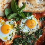 This Classic Shakshuka with Sourdough is a bold & savory breakfast! Poached eggs in a rich tomato sauce with warm spices make this dish irresistibly delicious.