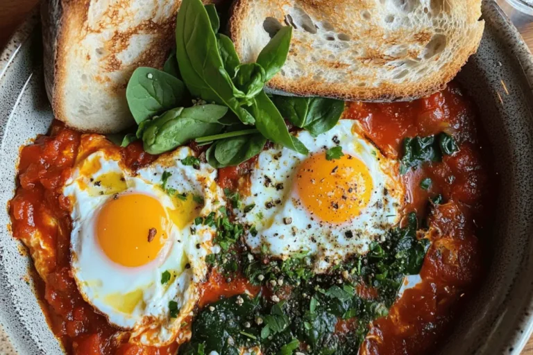 This Classic Shakshuka with Sourdough is a bold & savory breakfast! Poached eggs in a rich tomato sauce with warm spices make this dish irresistibly delicious.