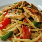 A close-up of creamy Cajun chicken pasta with tender chicken, red and green bell peppers, and linguine, coated in a rich, spicy Cajun cream sauce, garnished with fresh parsley.