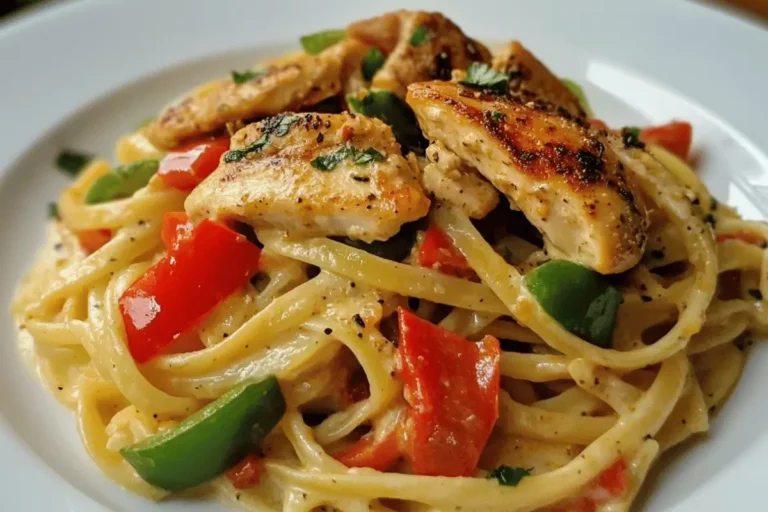 A close-up of creamy Cajun chicken pasta with tender chicken, red and green bell peppers, and linguine, coated in a rich, spicy Cajun cream sauce, garnished with fresh parsley.