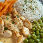 A plate of creamy chicken served with white rice, buttered peas, and tender baby carrots, garnished with fresh herbs.