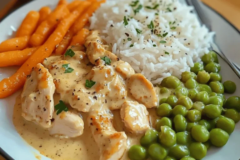 A plate of creamy chicken served with white rice, buttered peas, and tender baby carrots, garnished with fresh herbs.