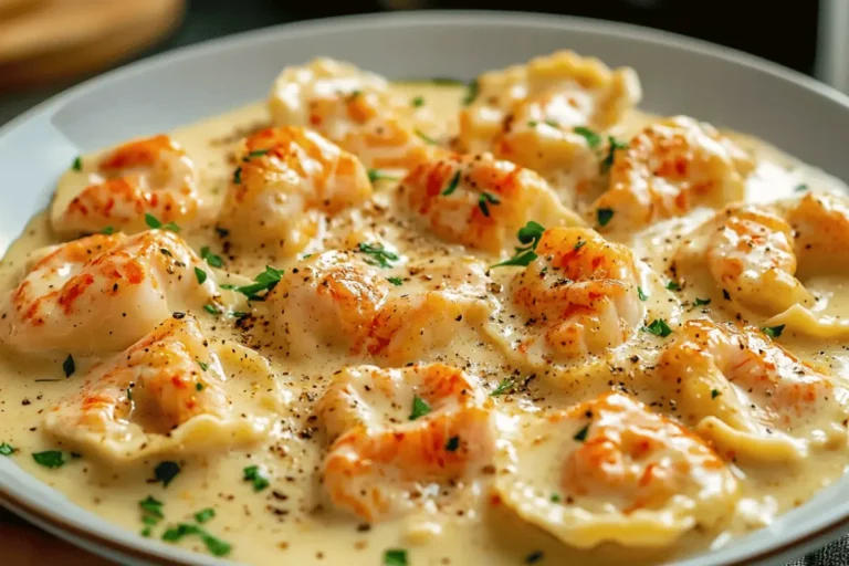 A plate of Creamy Lobster Ravioli in a rich garlic butter cream sauce, garnished with fresh herbs and red pepper flakes.