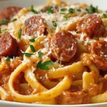 A plate of creamy sausage pasta with tomato sauce, garnished with fresh herbs and parmesan.