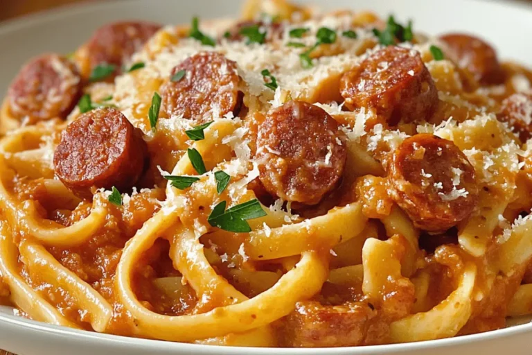 A plate of creamy sausage pasta with tomato sauce, garnished with fresh herbs and parmesan.