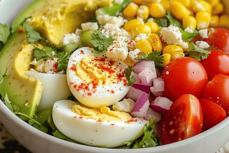 Colorful egg and avocado salad with cherry tomatoes, red onion, corn, and feta cheese, topped with fresh cilantro.