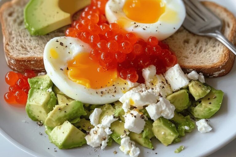 Soft-boiled eggs, avocado, and caviar on a plate with feta and toast for a luxurious breakfast.