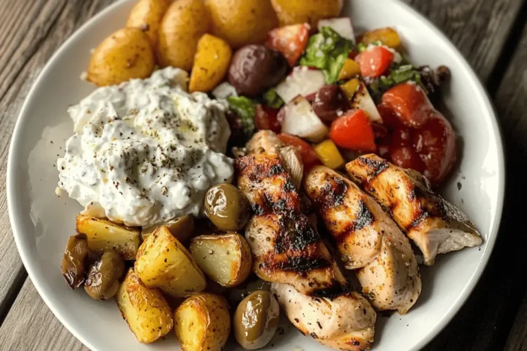 Greek grilled chicken served with roasted potatoes, Greek salad, and tzatziki sauce on a white plate.