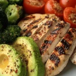 Grilled chicken breast with avocado, roasted broccoli, and cherry tomatoes on a white plate. A healthy and nutritious power meal