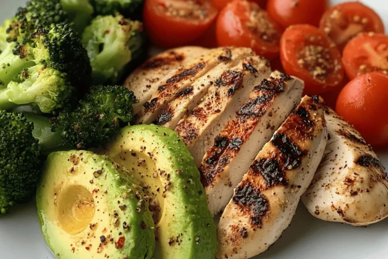 Grilled chicken breast with avocado, roasted broccoli, and cherry tomatoes on a white plate. A healthy and nutritious power meal