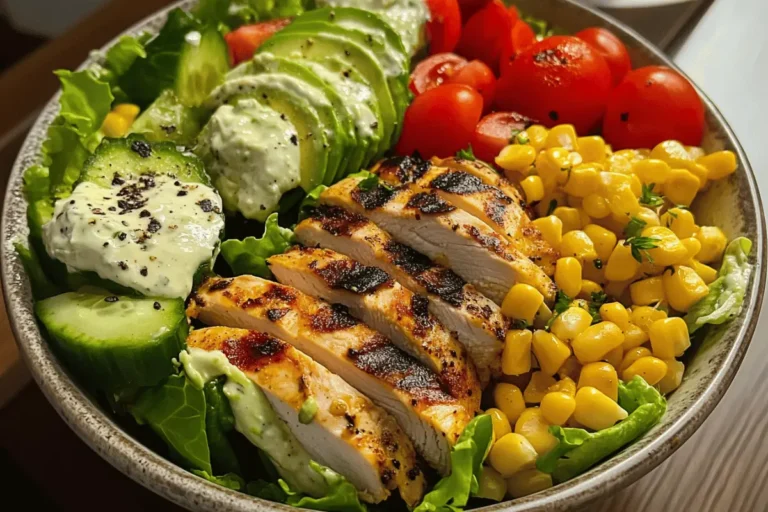 Grilled chicken avocado salad bowl topped with creamy dressing, cherry tomatoes, corn, cucumber, and fresh greens