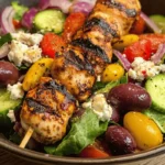 A vibrant Grilled Chicken Kebab Salad with marinated chicken skewers, mixed greens, cherry tomatoes, cucumbers, olives, and red onions.
