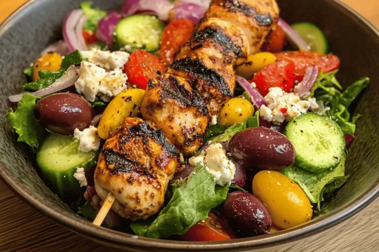 A vibrant Grilled Chicken Kebab Salad with marinated chicken skewers, mixed greens, cherry tomatoes, cucumbers, olives, and red onions.