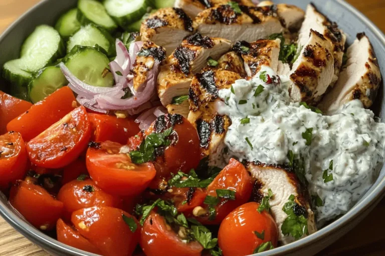 A Mediterranean bowl with grilled chicken, cucumbers, tomatoes, red onions, and tzatziki sauce.