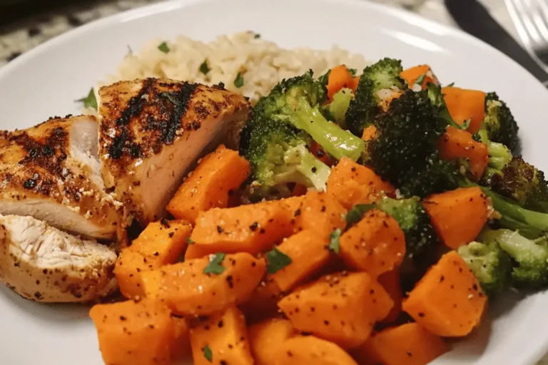 Grilled chicken breast served with roasted sweet potato and steamed vegetables on a white plate.