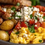 A hearty breakfast plate with scrambled eggs, grilled sausage, crispy roasted potatoes, and feta cheese, garnished with fresh herbs.
