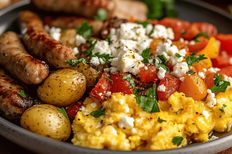 A hearty breakfast plate with scrambled eggs, grilled sausage, crispy roasted potatoes, and feta cheese, garnished with fresh herbs.