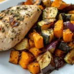 Herb-grilled chicken breast with roasted sweet potatoes and ratatouille, served on a white plate.