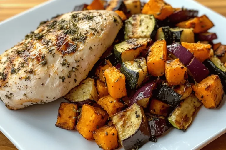 Herb-grilled chicken breast with roasted sweet potatoes and ratatouille, served on a white plate.