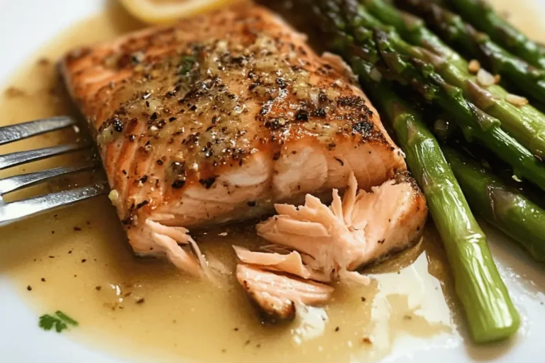 Flaky lemon garlic butter salmon fillet served with roasted asparagus and fresh