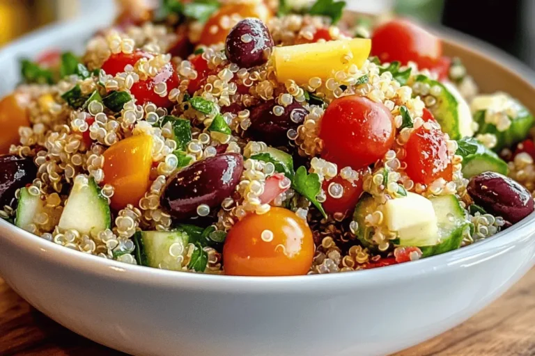 A colorful Mediterranean Quinoa Salad with cherry tomatoes, cucumbers, feta cheese, olives, and red quinoa, garnished with fresh herbs.