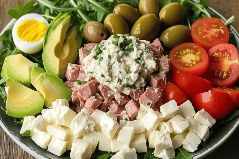 A vibrant Mediterranean Tuna Salad Platter with avocado, olives, feta, tomatoes, eggs, and arugula.