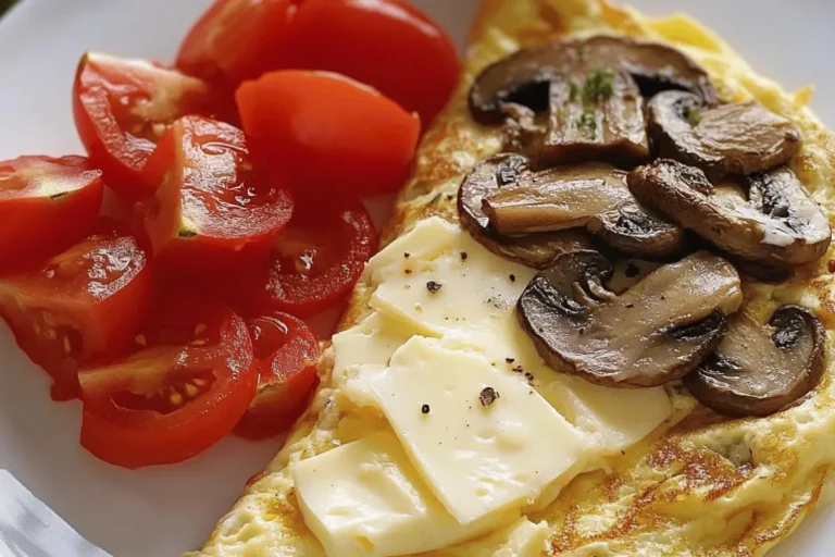 Mushroom omelette with melted Swiss cheese and fresh tomato slices on a white plate.