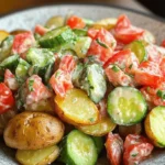 Roasted baby potatoes with cucumber and tomato salad.