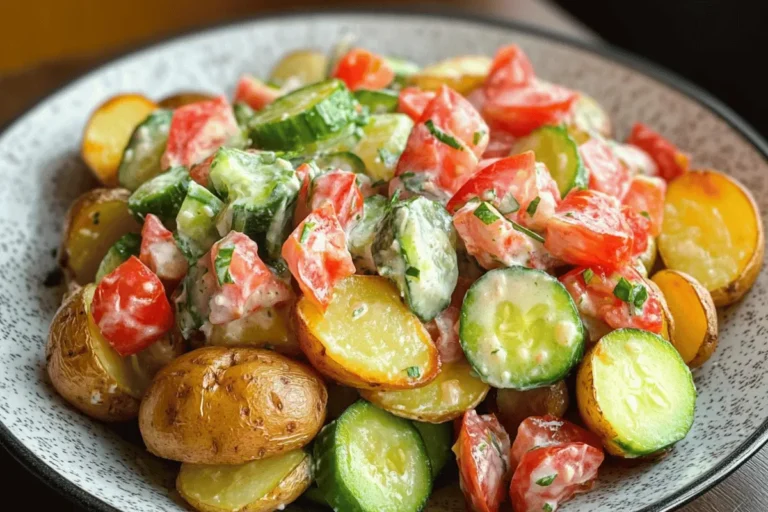 Roasted baby potatoes with cucumber and tomato salad.