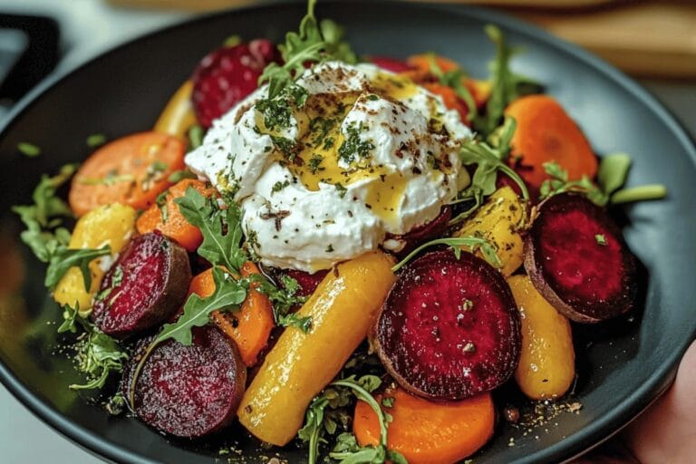 Roasted beet and carrot salad with creamy burrata cheese, drizzled with olive oil and balsamic glaze.