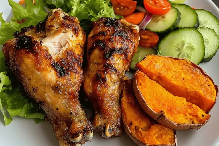 Roasted chicken with sweet potato and fresh salad served on a plate.