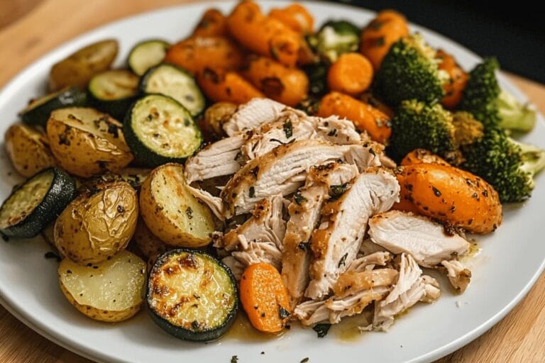 Roasted chicken with herb-seasoned vegetables including potatoes, carrots, zucchini, and broccoli on a white plate.