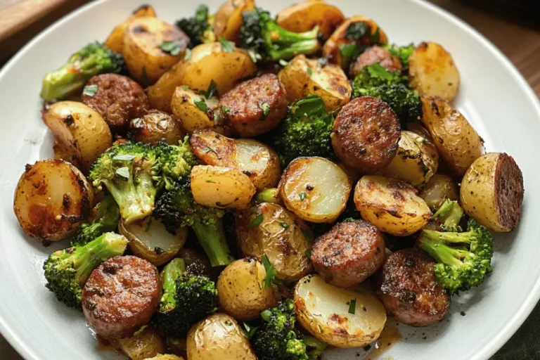 A hearty Roasted Sausage, Potatoes, and Broccoli Skillet with golden potatoes, seared sausage slices, and crispy roasted broccoli.